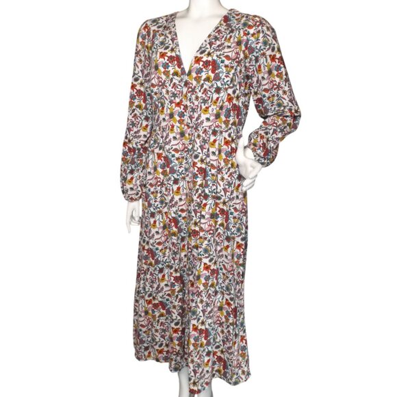BODEN Long Dress, 10R, Multicolor floral, Long sleeve, V-neck, Cotton - Picture 4 of 13